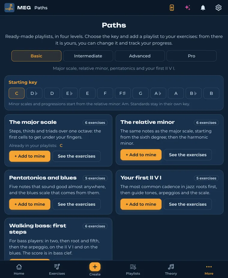 MEG: learning paths, ready-made playlists by level
